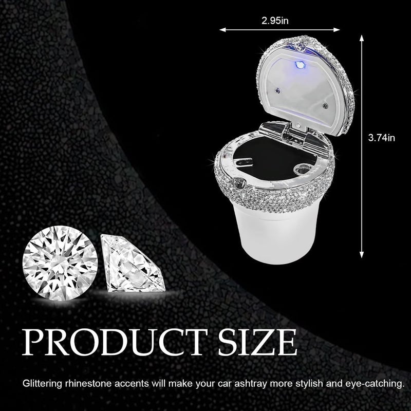 MUQIDA Car Ashtray with Lid, Bling Portable Ash Tray Cup Holder with LED Light Indicator, Sparkle Cigarette Smokeless Cylinder Ash Holder for Vehicle Home Office, Car Accessories (White) - Image 2